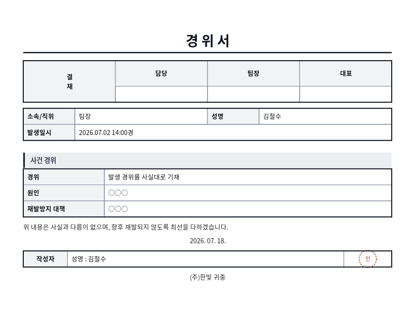 경위서(시말서) 작성 예시 — 실제 값을 채워 완성한 A4 문서 결과
