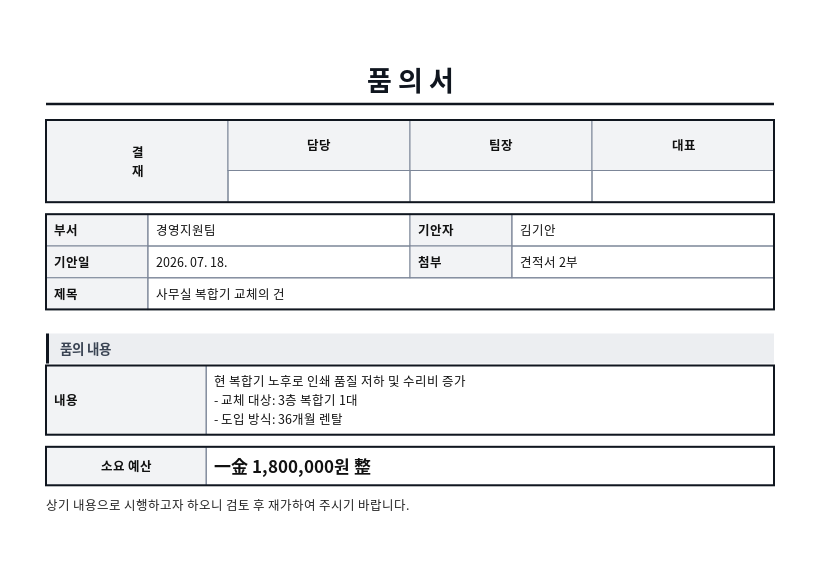 품의서(업무기안서) 작성 예시 — 실제 값을 채워 완성한 A4 문서 결과