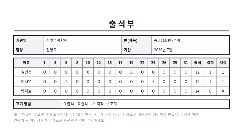 출석부 작성 예시 — 실제 값을 채워 완성한 A4 문서 결과