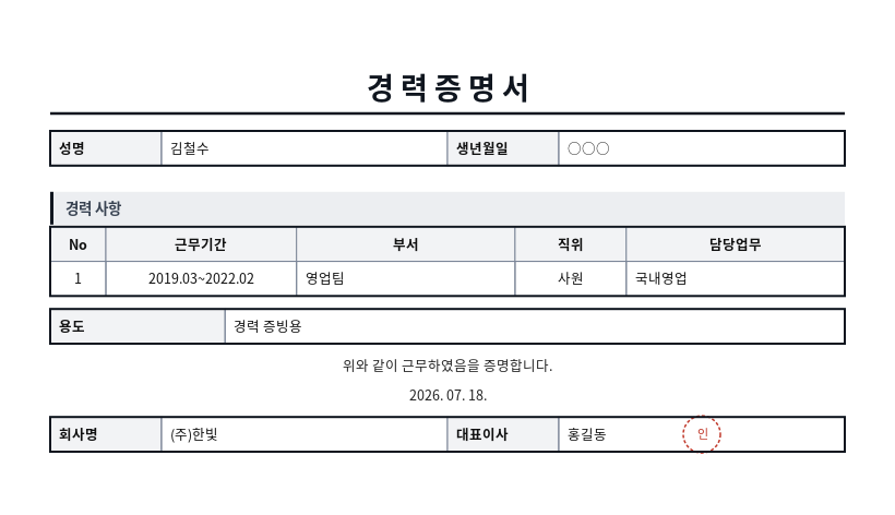 경력증명서 작성 예시 — 실제 값을 채워 완성한 A4 문서 결과