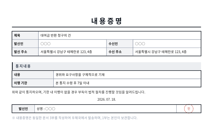 내용증명 작성 예시 — 실제 값을 채워 완성한 A4 문서 결과