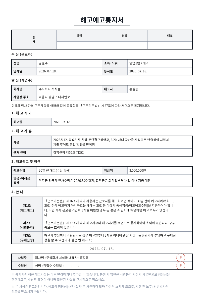 해고예고통지서 작성 예시 — 실제 값을 채워 완성한 A4 문서 결과