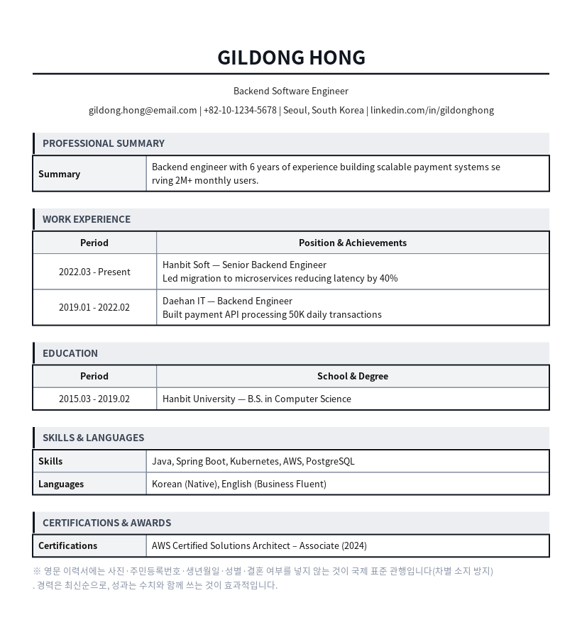 영문 이력서(English Resume) 작성 예시 — 실제 값을 채워 완성한 A4 문서 결과