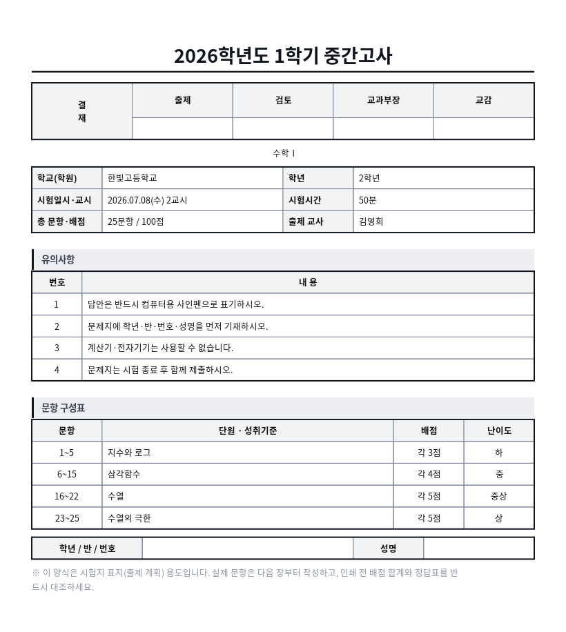 시험지 출제 양식 작성 예시 — 실제 값을 채워 완성한 A4 문서 결과