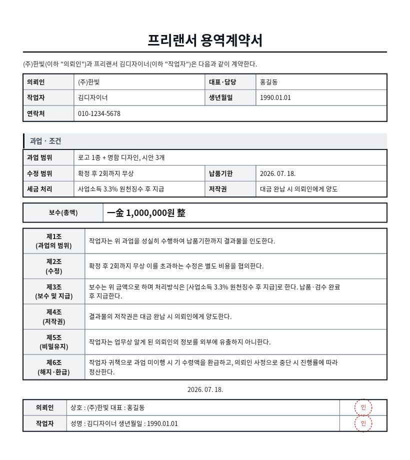 프리랜서(외주) 계약서 작성 예시 — 실제 값을 채워 완성한 A4 문서 결과