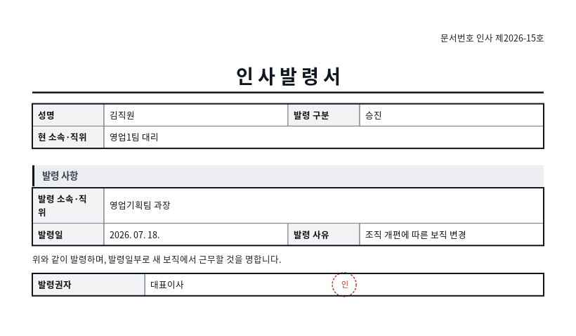 인사발령서 작성 예시 — 실제 값을 채워 완성한 A4 문서 결과