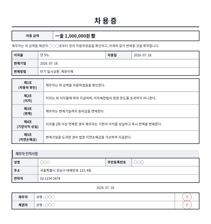 차용증 작성 예시 — 실제 값을 채워 완성한 A4 문서 결과