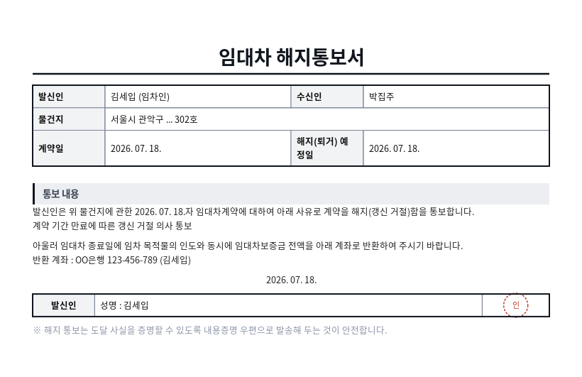 임대차 해지통보서 작성 예시 — 실제 값을 채워 완성한 A4 문서 결과