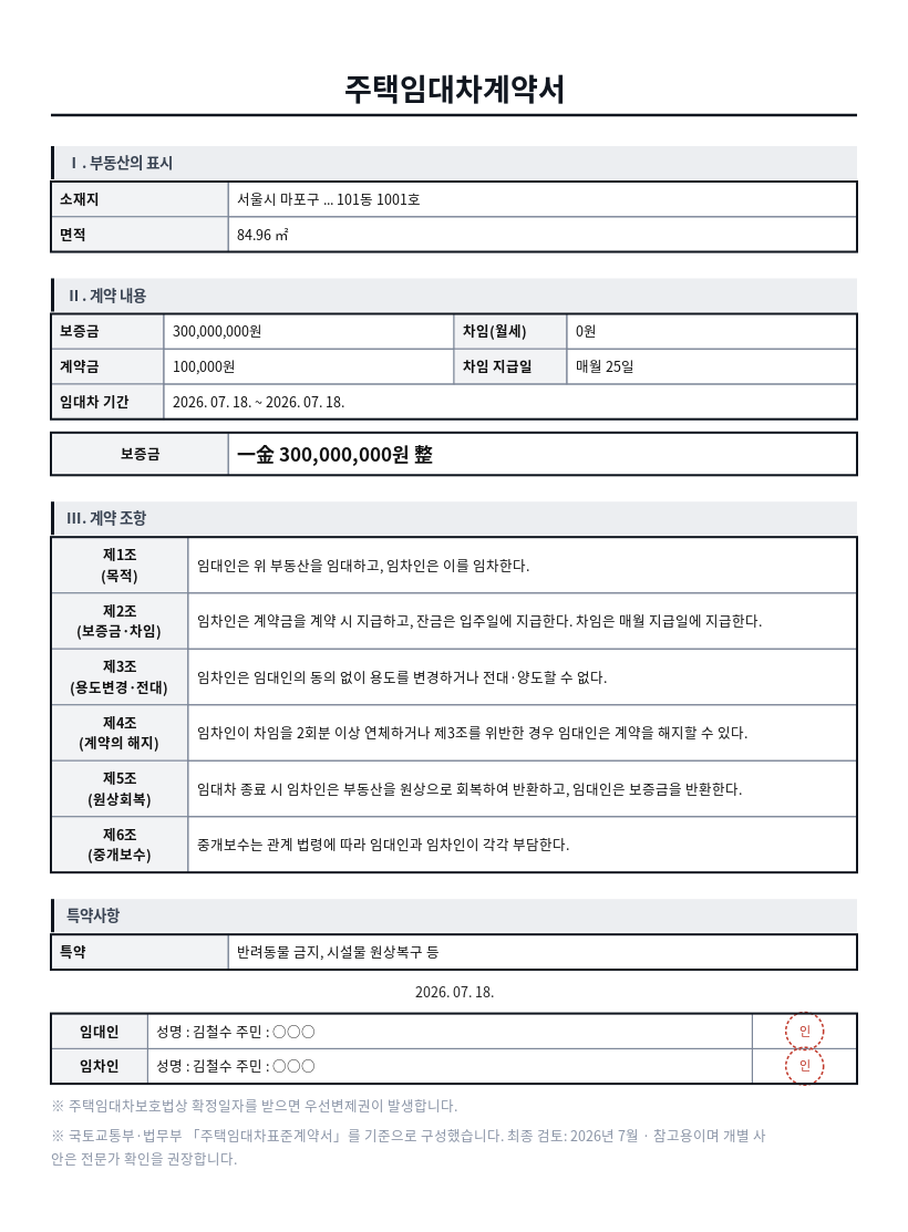 주택임대차계약서 작성 예시 — 실제 값을 채워 완성한 A4 문서 결과