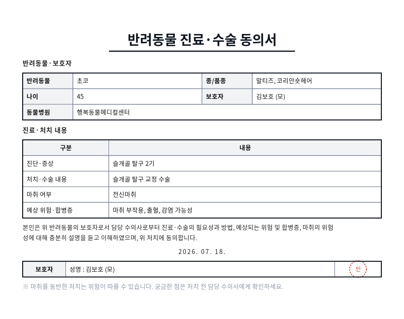 반려동물 진료·수술 동의서 작성 예시 — 실제 값을 채워 완성한 A4 문서 결과