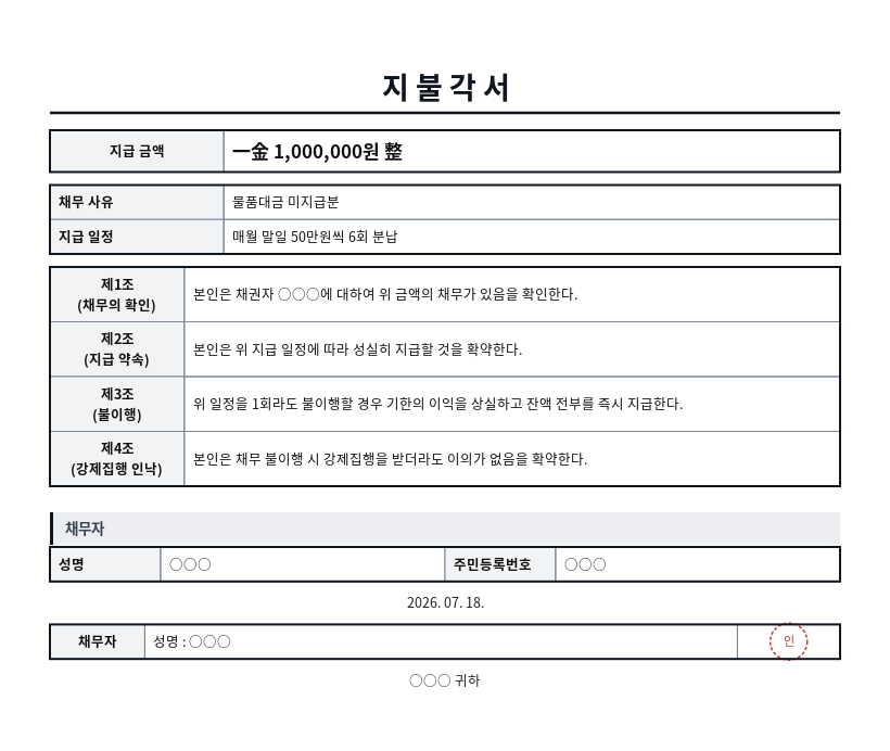 지불각서 작성 예시 — 실제 값을 채워 완성한 A4 문서 결과
