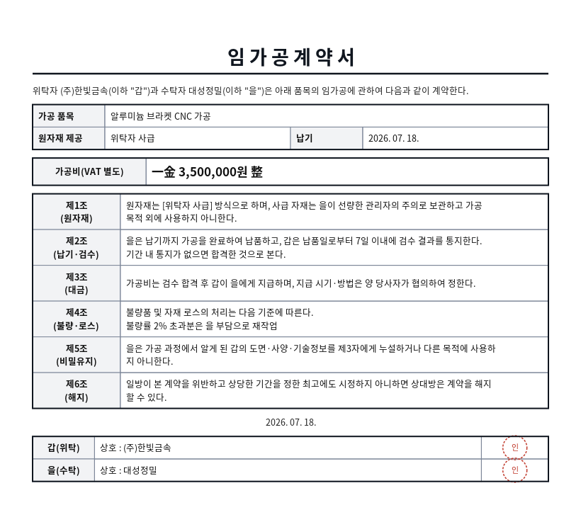 임가공계약서 작성 예시 — 실제 값을 채워 완성한 A4 문서 결과