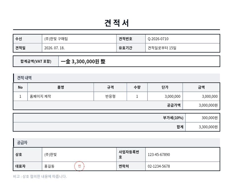 견적서 작성 예시 — 실제 값을 채워 완성한 A4 문서 결과
