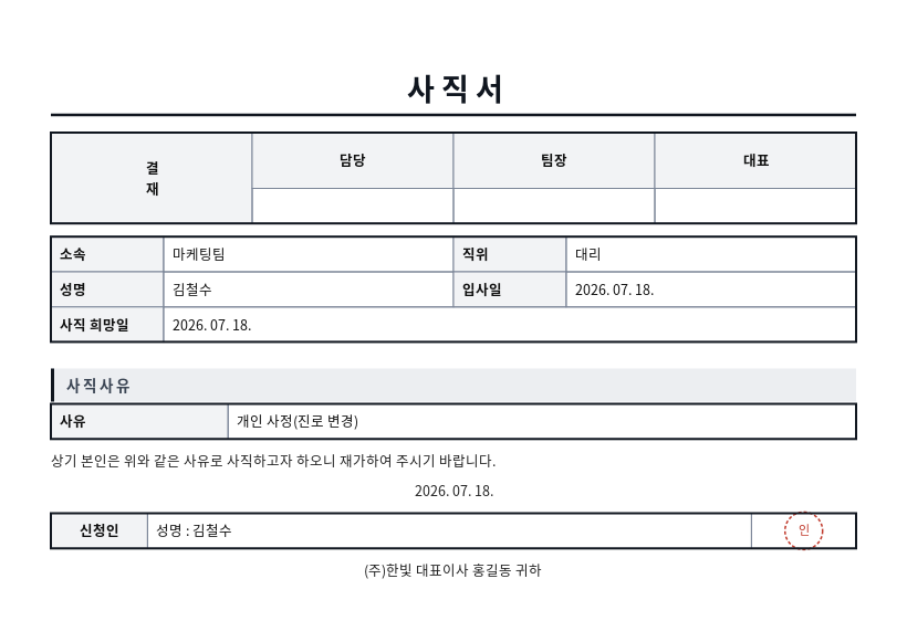 사직서 작성 예시 — 실제 값을 채워 완성한 A4 문서 결과