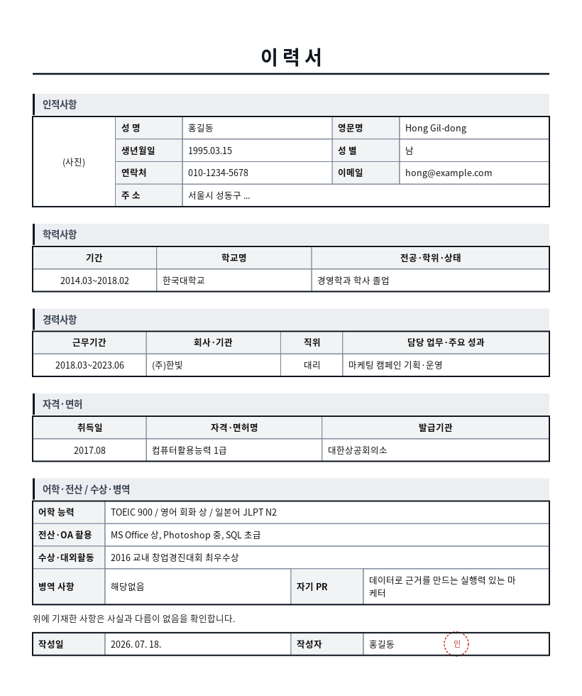 이력서 작성 예시 — 실제 값을 채워 완성한 A4 문서 결과