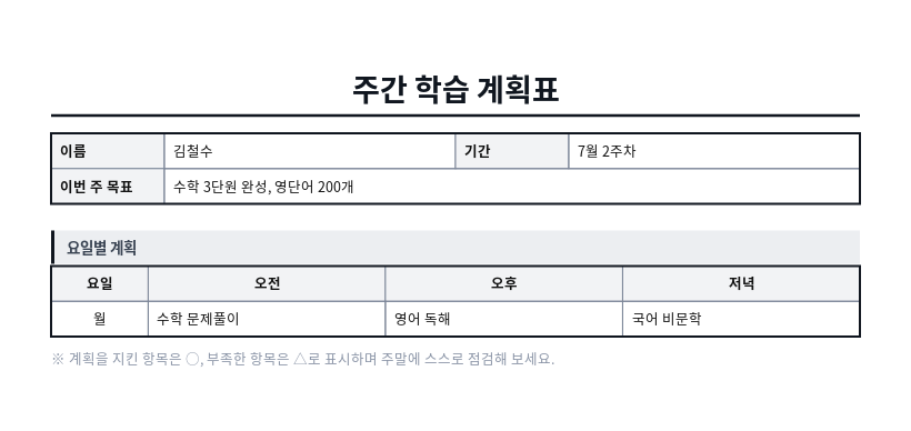 학습 계획표 작성 예시 — 실제 값을 채워 완성한 A4 문서 결과