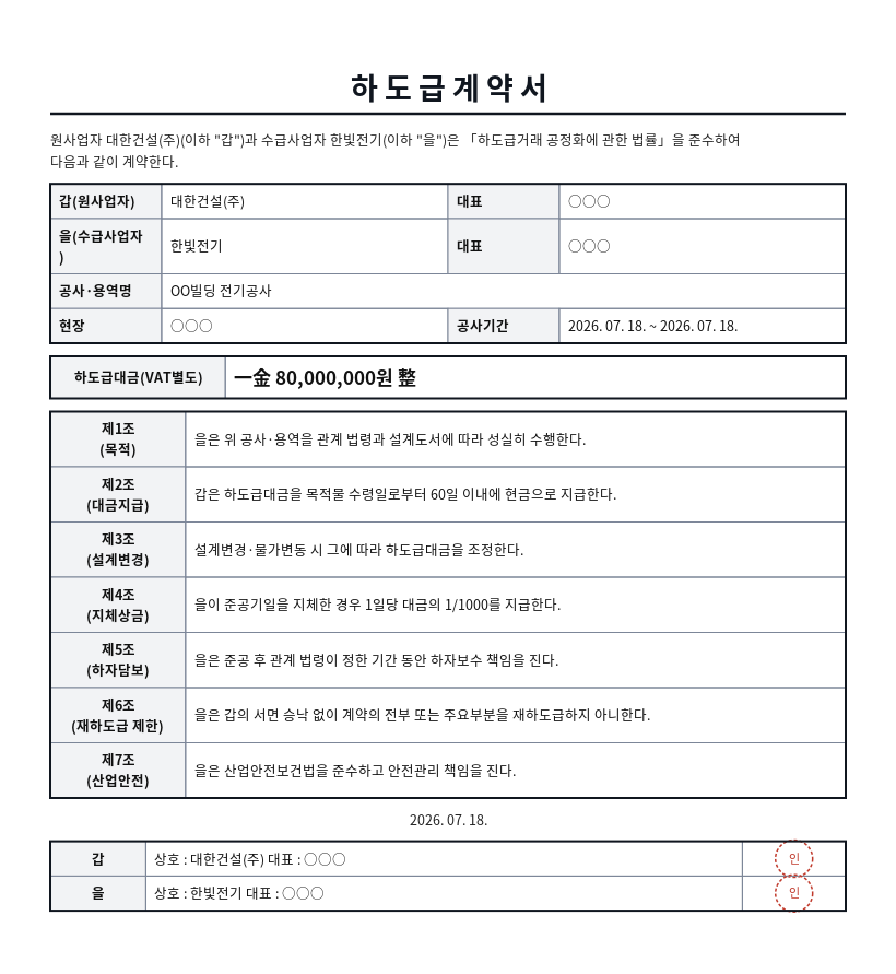 하도급계약서 작성 예시 — 실제 값을 채워 완성한 A4 문서 결과