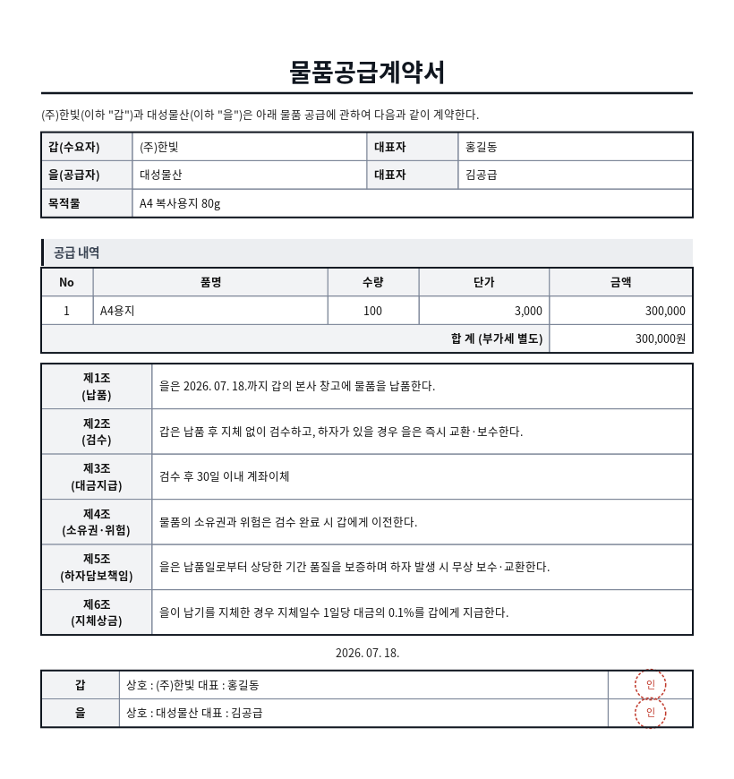 물품공급계약서 작성 예시 — 실제 값을 채워 완성한 A4 문서 결과