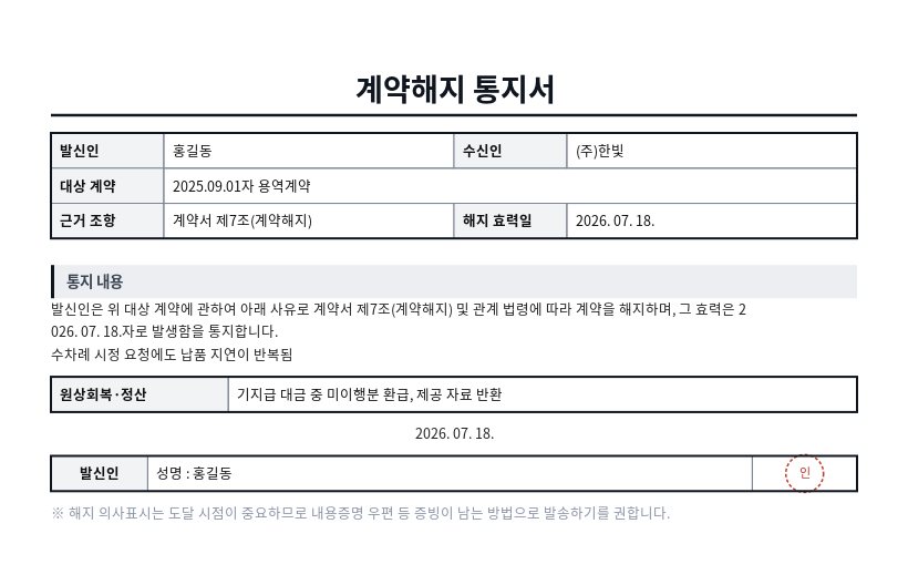 계약해지 통지서 작성 예시 — 실제 값을 채워 완성한 A4 문서 결과