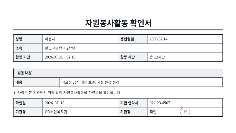 자원봉사활동 확인서 작성 예시 — 실제 값을 채워 완성한 A4 문서 결과